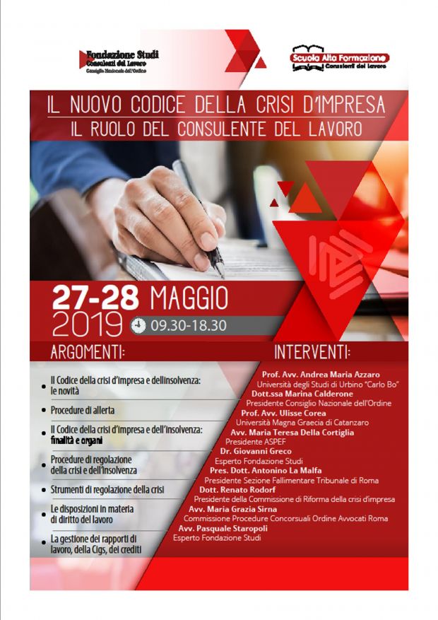 Nuovo Codice crisi d’impresa: due giorni di formazione per i Consulenti del Lavoro