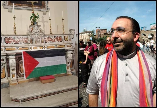 Prete 'no global' espone la bandiera palestinese sull'altare