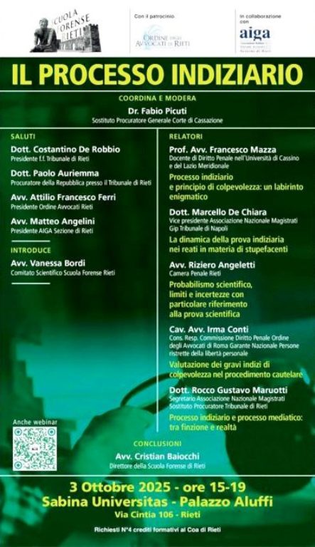 Scuola Forense di Rieti: convegno sul “Processo indiziario”.