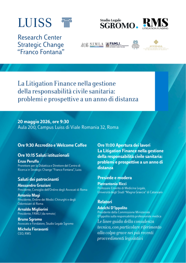 Domani a Roma si parla di responsabilità medica e di Litigation Finance