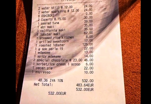 Cena da 532 euro (con caffè a 10 euro)
