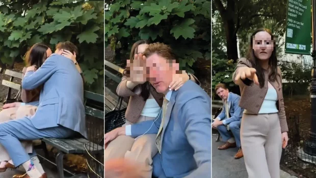 Un bacio a Central Park rovina la carriera L'avvocato Nathaniel Cullerton sorpreso a baciare la collega Kelsey Borenzweig al parco.